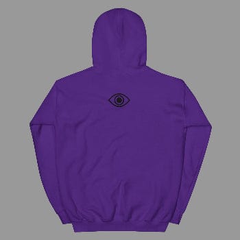 Purple hoodie with a black eye symbol on the back against a white background