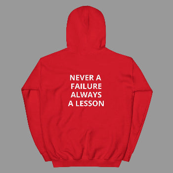 Red hoodie with 'Never a failure, always a lesson' text on the back against a white background