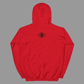 Red hoodie with a black eye symbol on the back against a white background