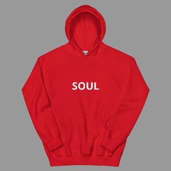 Red hoodie with 'SOUL' printed on it against a white background