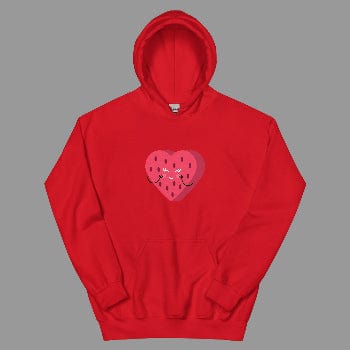 Red hoodie with a heart-shaped watermelon design on a white background