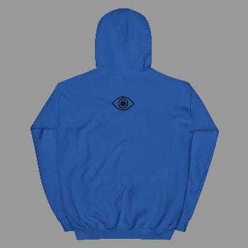 Blue hoodie with a black eye symbol on the back against a white background
