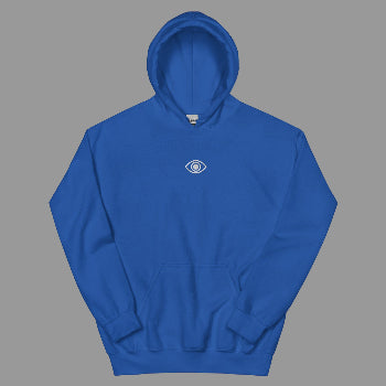 Blue hoodie with a smal eyel logo on a white background