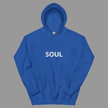 Blue hoodie with 'SOUL' printed on it against a white background