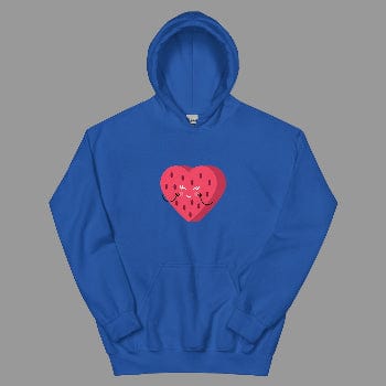 Blue hoodie with a red heart design on a white background
