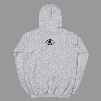 Gray hoodie with a black eye symbol on the chest against a white background