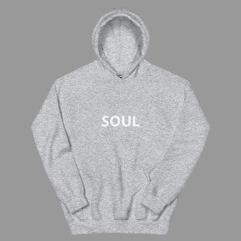 Gray hoodie with 'SOUL' printed on a white background