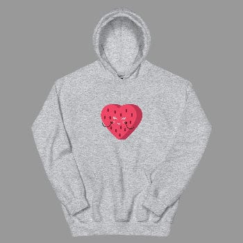 Gray hoodie with a red heart design on a white background