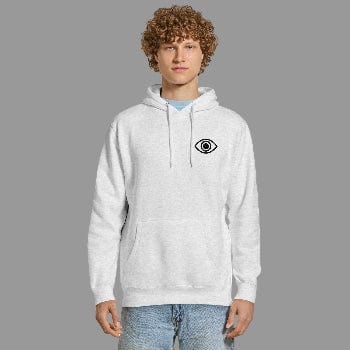 Person wearing a white hoodie with a black eye symbol on a white background
