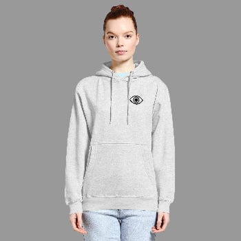 Person wearing a gray hoodie with a small logo on a white background