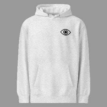 White hoodie with a black eye symbol on a white background