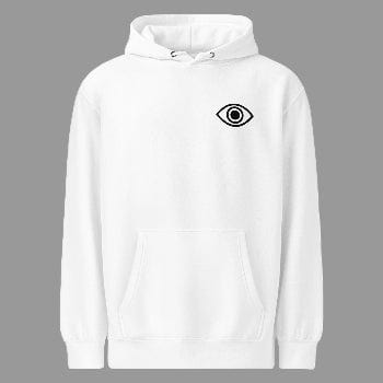 White hoodie with a black eye logo on a white background