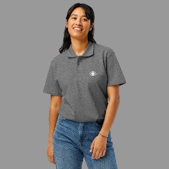 Person wearing a gray polo shirt with an eye logo on a white background