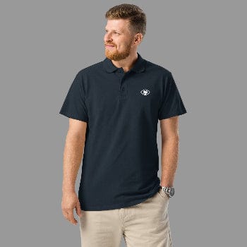 Man wearing a navy blue polo shirt with an eye logo on a white background