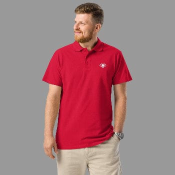 Man wearing a red polo shirt with aneye logo on a white background