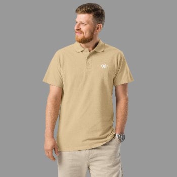 Man wearing a beige polo shirt with a eye logo on a white background