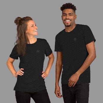 Two people wearing black t-shirts with a logo on a white background