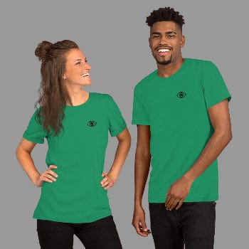 Two people wearing green t-shirts with a small eye logo on a gray background
