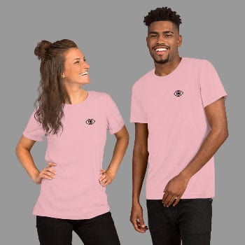 Two people wearing pink t-shirts with an eye symbol on a white background