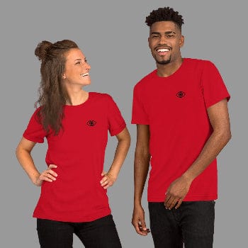 Two people wearing red t-shirts with a black eye symbol on a white background