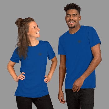 Two people wearing blue t-shirts on an eye white background