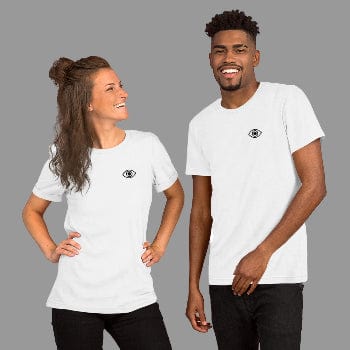 Two people wearing white t-shirts with a black eye symbol on a white background