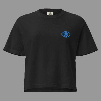 Black t-shirt with a blue logo on a white background